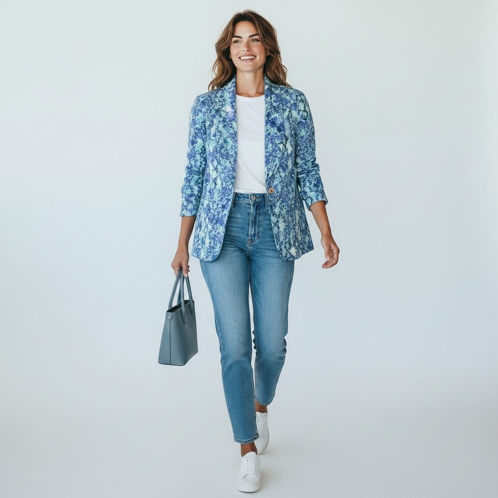 Susan Graver Blazer Womens S Blue Snakeskin Pure Cotton Lightweight Jacket Soft